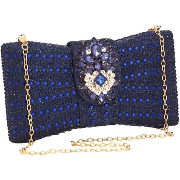 Womens Blue Novelty Bow Evening Silver Rhinestone Party Crystal Clutch - Picture 1 of 8